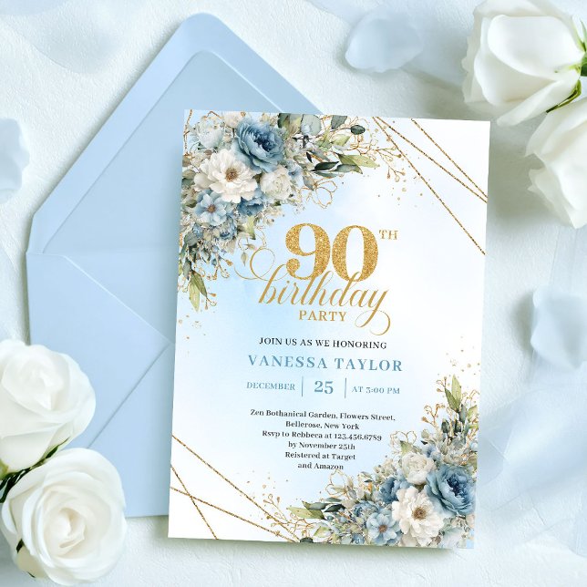 Elegant dammig blå botanisk 90-års inbjudan (Elegant Dusty Blue Botanical 90th Birthday Invite

)
