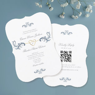 Elegant dammig blå bröllopsinbjudan med QR-kod Inbjudningar