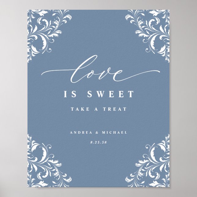 Elegant dammig blå bröllopskylt Love is Sweet Poster (Framsidan)