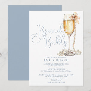 Elegant dammig blå brunch och bubblig bröllopsfest inbjudningar