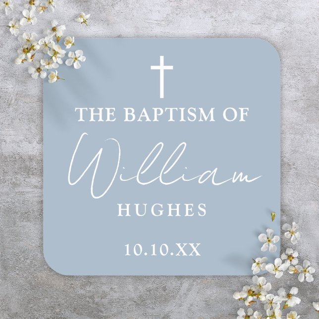 Elegant dammig blå dop dop- etikett (Elegant Dusty Blue Minimalist Baptism Christening Square Sticker)