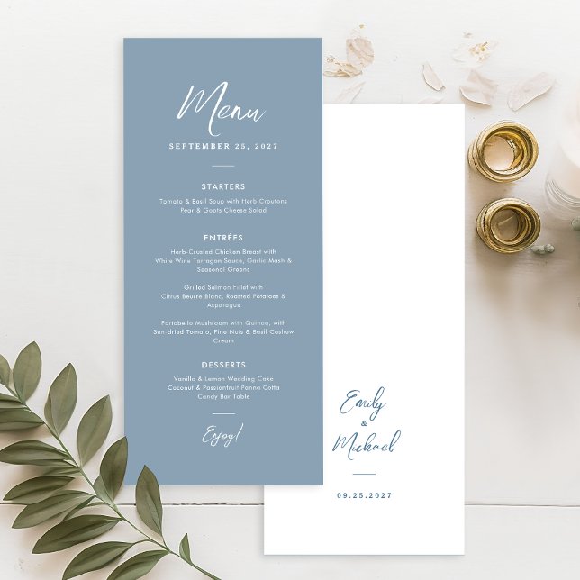 Elegant dammig blå enkel kalligrafi bröllop  meny (Dusty blue calligraphy wedding menu - perfect for your elegant wedding)