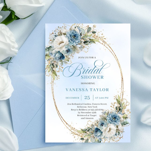 Elegant dammig blå eukalyptus guld bröllopsdusch  inbjudningar (Elegant Dusty Blue Eucalyptus Gold Bridal Shower Invite)