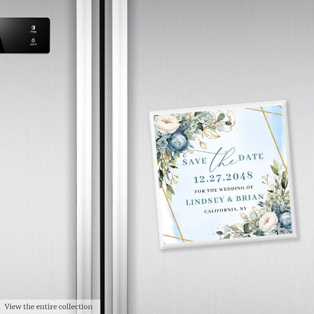 Elegant dammig blå eukalyptus spara datum magnet (Elegant Dusty Blue Floral Gold Save The Date Magnet

)