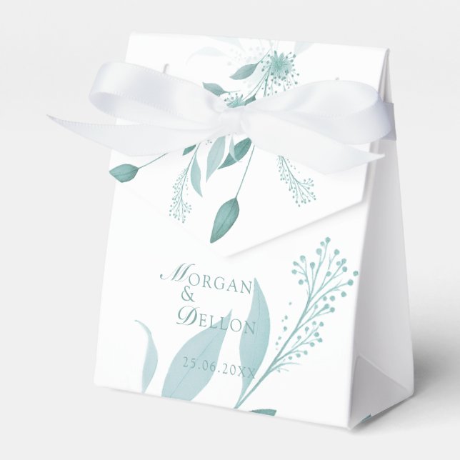 Elegant dammig blå eukalyptus teal blomsterbröllop presentaskar (Framsidan Sidan)