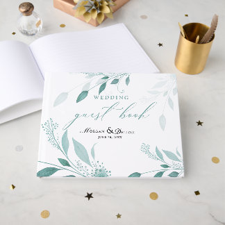 Elegant dammig blå eukalyptus teal floral bröllop gästböcker