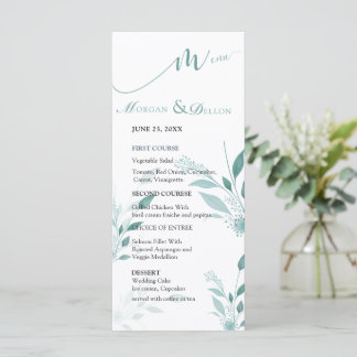 Elegant dammig blå eukalyptus teal floral bröllop meny