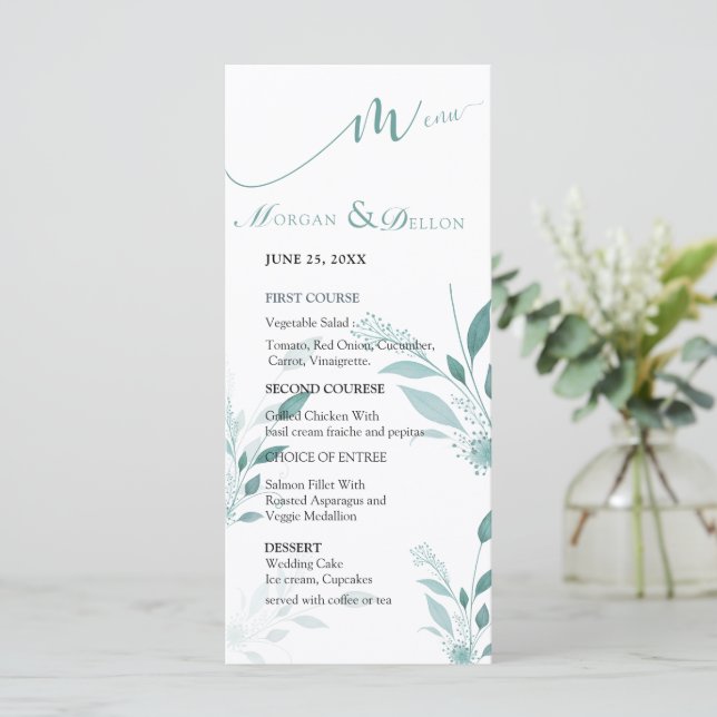 Elegant dammig blå eukalyptus teal floral bröllop  meny (Stående Fram)