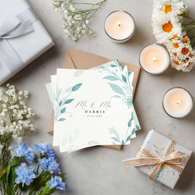 Elegant dammig blå eukalyptus teal floral bröllop  pappersservett (Skapare uppladdad)