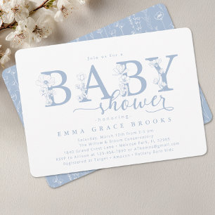 Elegant dammig blå floral baby shower-typografi inbjudningar