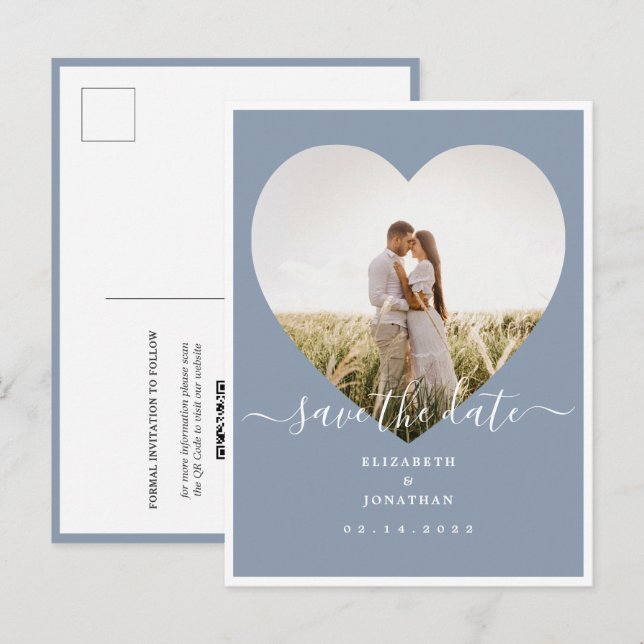 Elegant dammig blå foto bröllop Save The Date Meddelande Vykort (Fram/baksida)