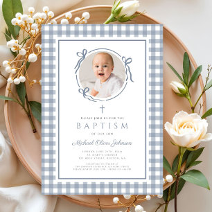 Elegant dammig blå gingham fotoflicka dop inbjudningar