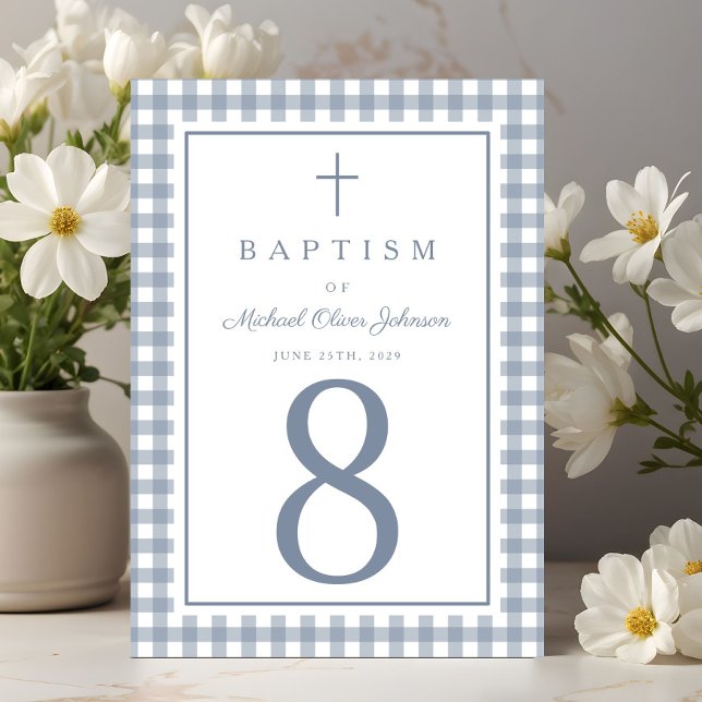Elegant dammig blå gingham pojke dop bordsnummer (Elegant Navy Blue Gingham Boy Baptism Table Number)