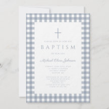 Elegant dammig blå gingham pojke dop inbjudan