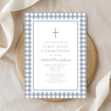 Elegant dammig blå gingham pojke första kommunion