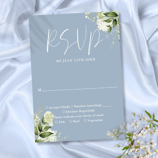 Elegant dammig blå grönska blommande bröllop OSA kort (Elegant Dusty Blue Greenery Floral Wedding RSVP Card)