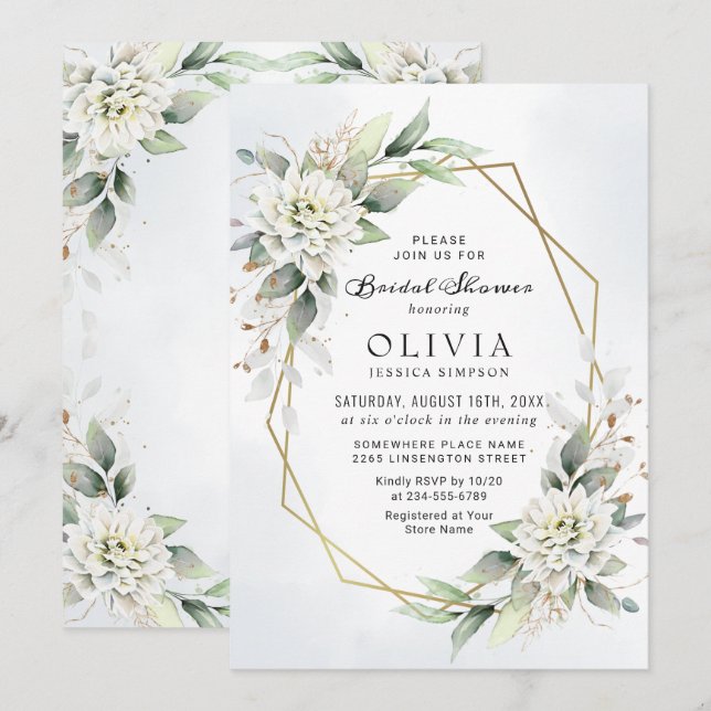 Elegant dammig blå grönska bröllopsdusch inbjudningar (Fram/baksida)