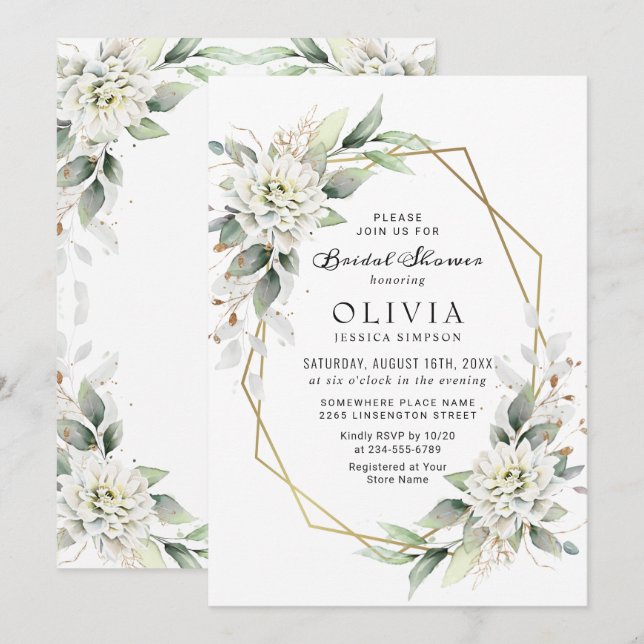 Elegant dammig blå grönska bröllopsdusch inbjudningar (Fram/baksida)