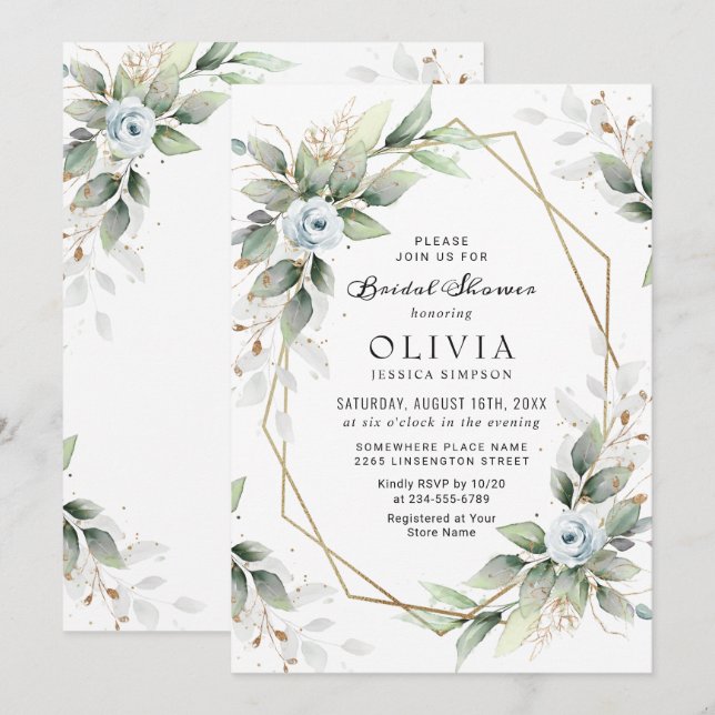 Elegant dammig blå grönska bröllopsdusch inbjudningar (Fram/baksida)