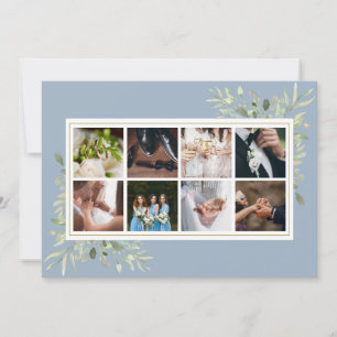 Elegant dammig blå grönska fotokollage bröllop tack kort