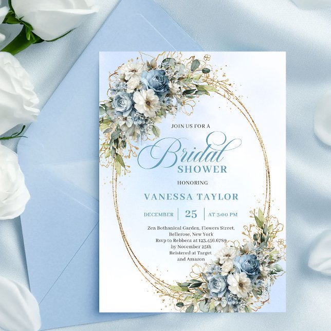 Elegant dammig blå grönska guld bröllopsdusch  inbjudningar (Elegant Dusty Blue Greenery Gold Bridal Shower Invite)
