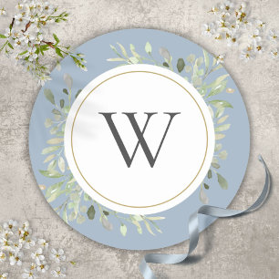 Elegant dammig blå grönska monogram initial runt klistermärke