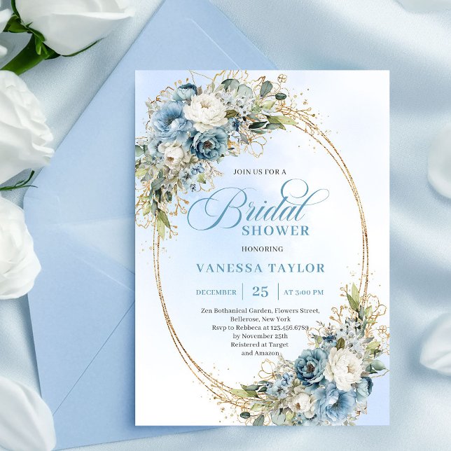 Elegant dammig blå grönska Script Bröllopsdusch  Inbjudningar (Elegant Dusty Blue Greenery Script Bridal Shower Invite)