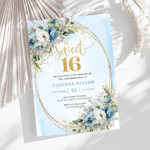 Elegant dammig blå grönska Sweet 16-årsdag Inbjudningar