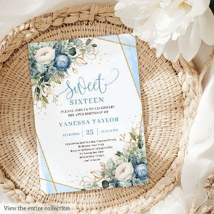 Elegant dammig blå guld blommigt söt 16 inbjudan