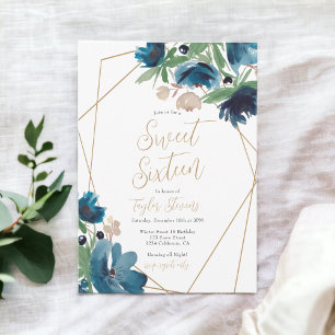 Elegant dammig blå guld-Blommigt Vattenskärna 16 Inbjudningar