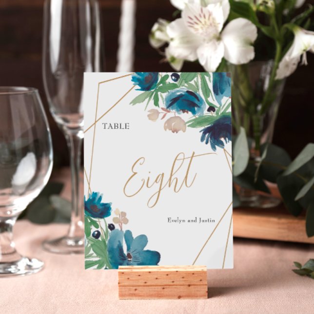 Elegant dammig blå guld-Blommigten Vattenfärg Bröl Bordsnummer (Elegant dusty blue gold Floral Watercolor Wedding Table Number)
