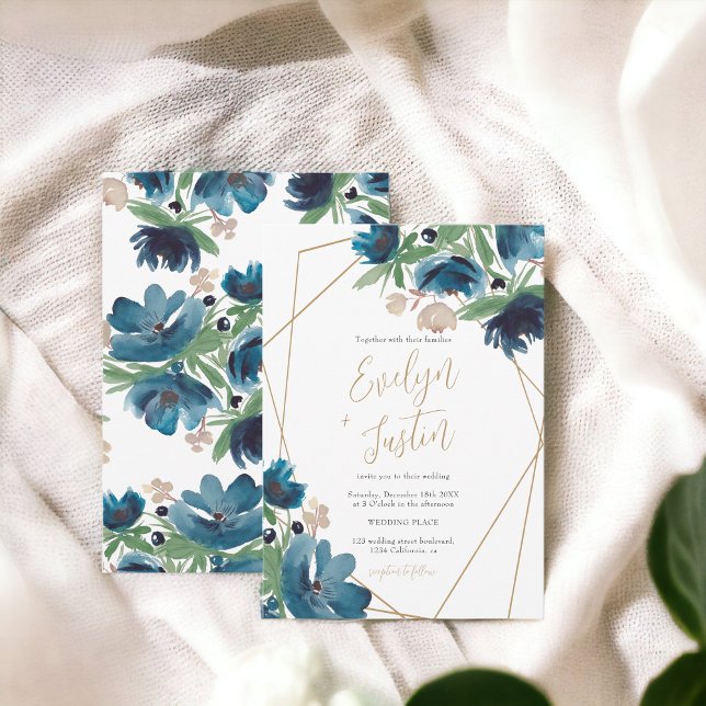 Elegant dammig blå guld-Blommigten Vattenfärg Bröl Inbjudningar (Elegant dusty blue gold Floral Watercolor Wedding Invitation)