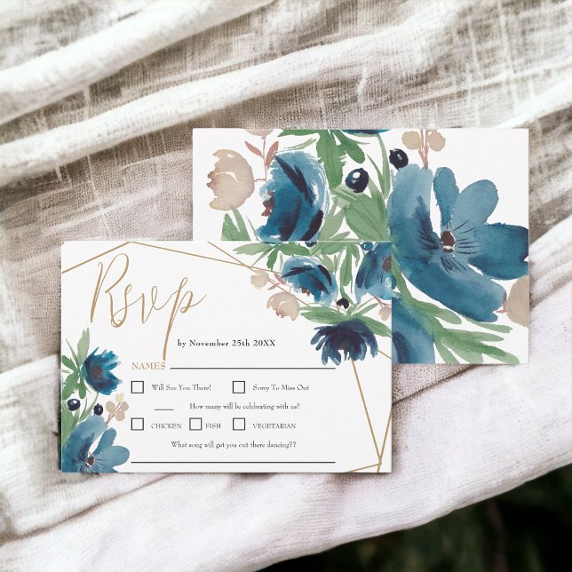 Elegant dammig blå guld-Blommigten Vattenfärg Bröl OSA Kort (Elegant dusty blue gold Floral Watercolor Wedding RSVP Card)