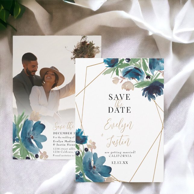 Elegant dammig blå guld-Blommigten Vattenfärg Bröl Spara Datumet (Elegant dusty blue gold Floral Watercolor Wedding Save The Date)