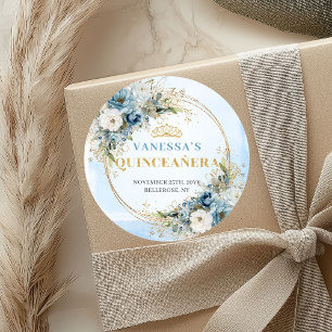 Elegant dammig blå guld Eucalyptus Quinceañera  Runt Klistermärke