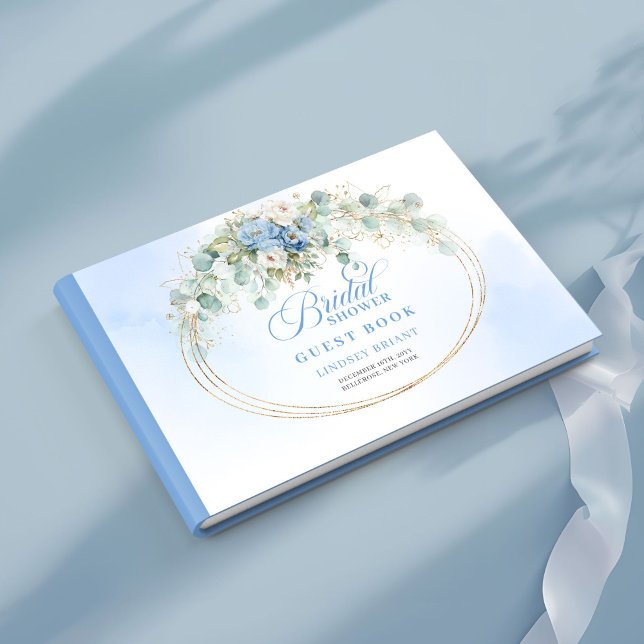 Elegant dammig blå guld floral bröllopsfest gäst gästböcker (Elegant Dusty Blue Gold Floral Bridal Shower Guest Book

)
