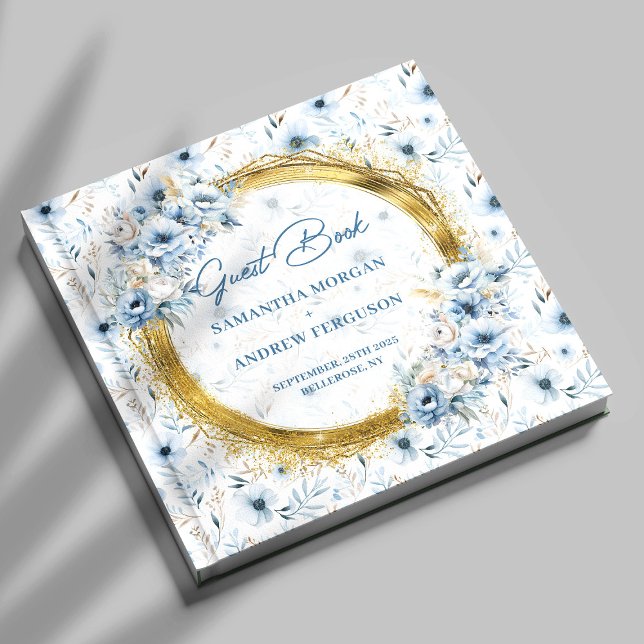 Elegant dammig blå guld glitter bröllopsgästbok gästböcker (Elegant Dusty Blue Gold Glitter Wedding Guest Book)