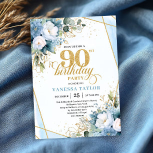 Elegant dammig blå guld ram 90-års födelsedagsinbj inbjudningar