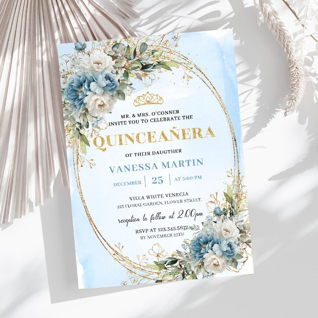 Elegant dammig blå guldgrönska 15-årsdag  inbjudningar (Graceful Dusty Blue Gold Greenery 15th Birthday Invite

)