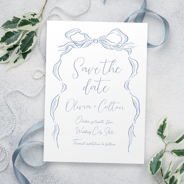 Elegant dammig blå handritad båge Spara datum Datumet (Elegant Dusty Blue Hand Drawn Bow Save The Date)