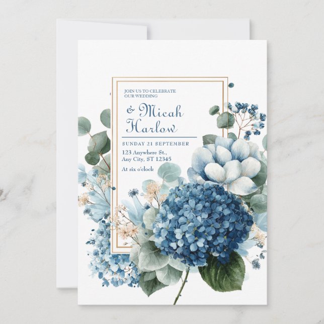 Elegant dammig blå Hortensia Eukalyptus Guld Ram Inbjudningar (Framsida)