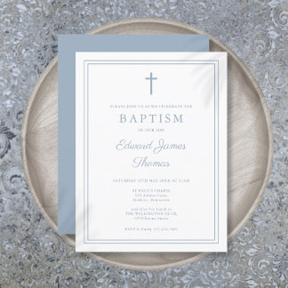 Elegant dammig blå kant dop inbjudan