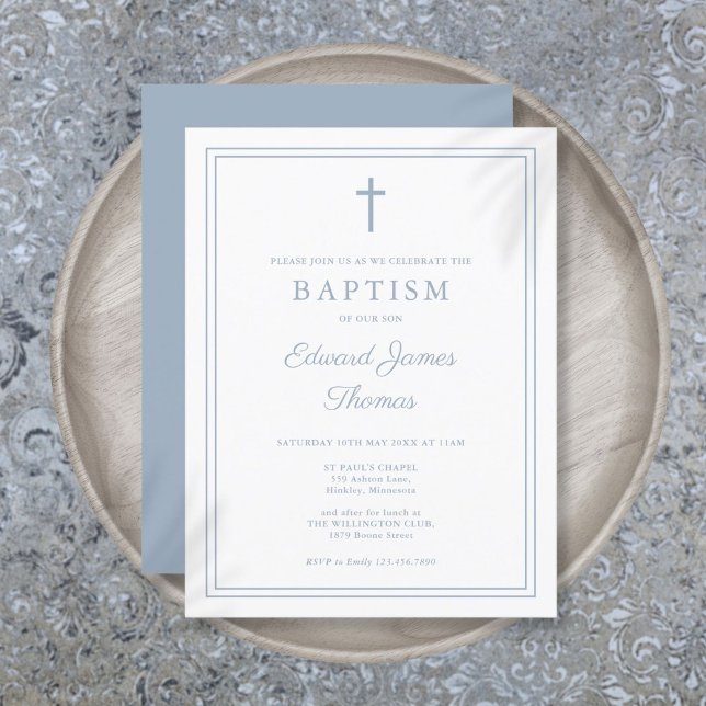 Elegant dammig blå kant dop inbjudan (Elegant Dusty Blue Border Baptism Invitation Postcard)