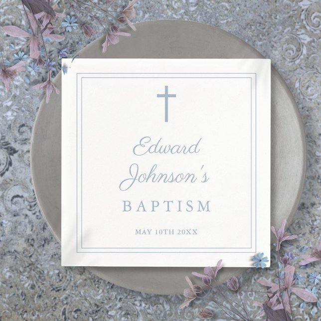 Elegant dammig blå kant dop pappersservett (Elegant Dusty Blue Border Baptism Napkins)