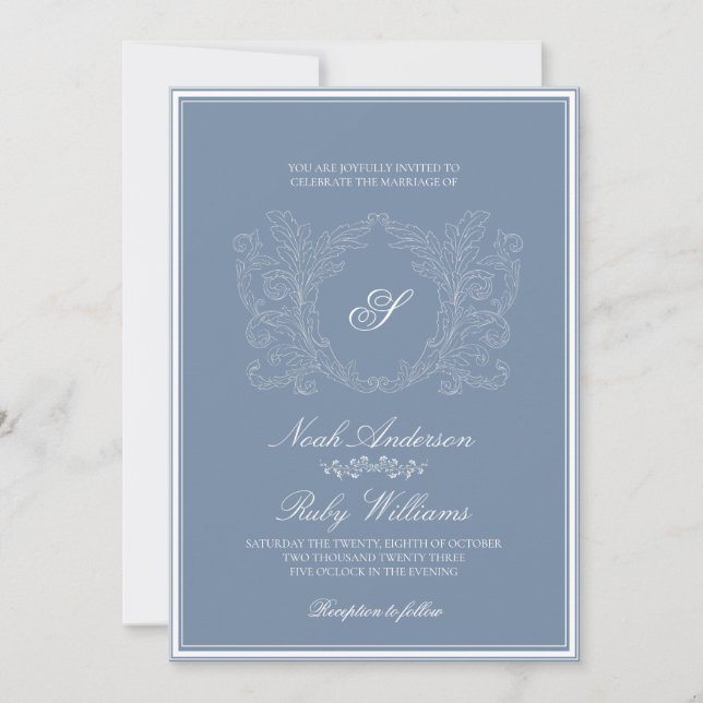 Elegant dammig blå klassisk scriptmonogram bröllop inbjudningar (Framsida)