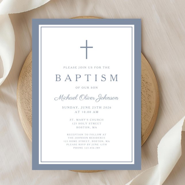 Elegant dammig blå kors bebis pojke dop inbjudningar (Elegant Dusty Blue Cross Baby Boy Baptism Invitation)