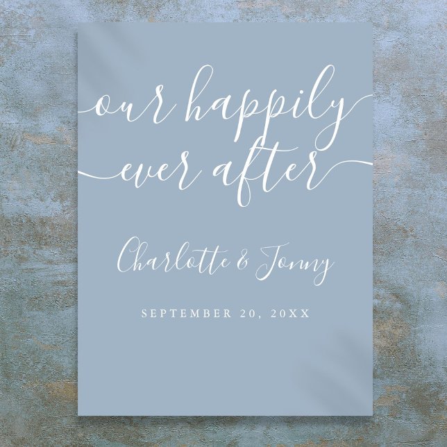 Elegant dammig blå lyckligt för evigt brölloppssky poster (Elegant Dusty Blue Happily Ever After Wedding Sign)