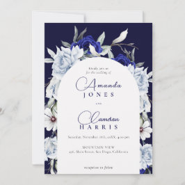 Elegant dammig blå marinblå blomsterbåge bröllop inbjudningar