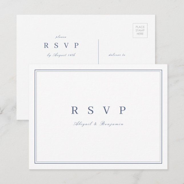 Elegant dammig blå minimalistisk bröllops-RSVP Inbjudan Vykort (Fram/baksida)