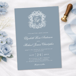 Elegant dammig blå monogram bröllopskrönika inbjudningar